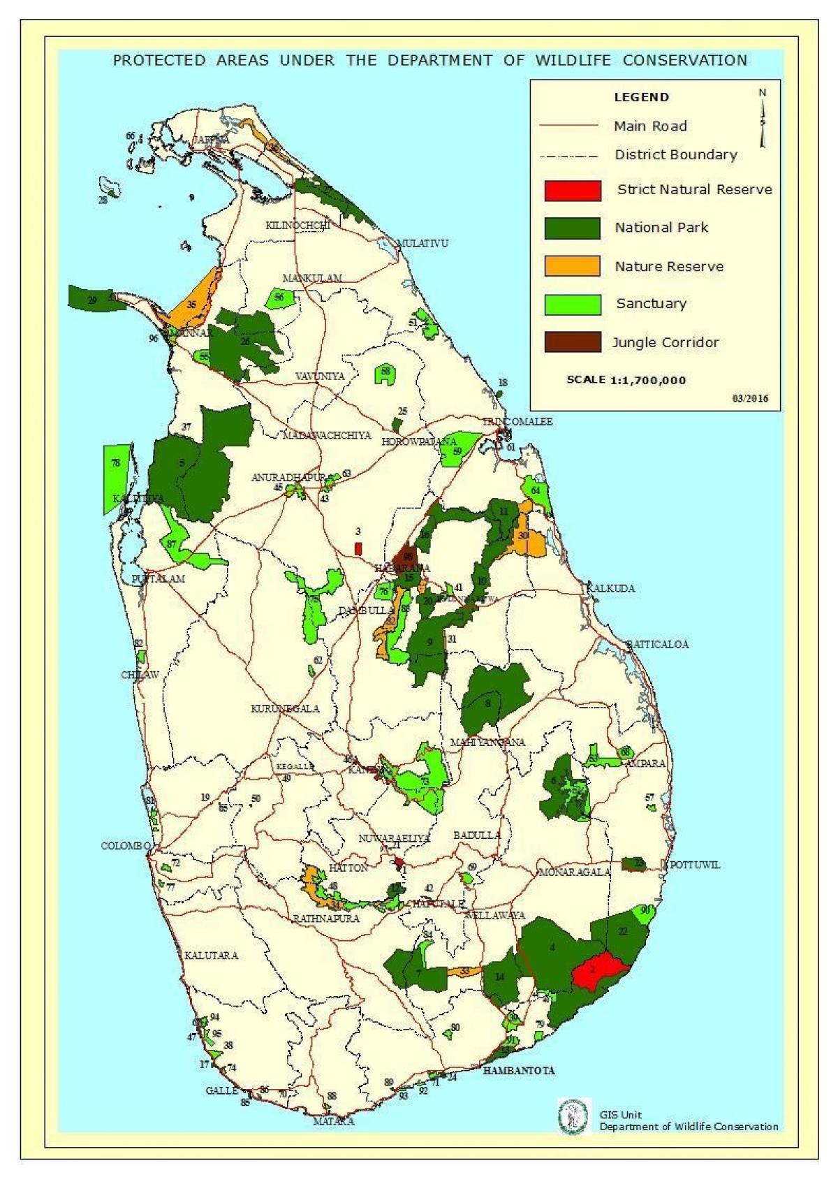 kartta kansallispuistot Sri Lankassa