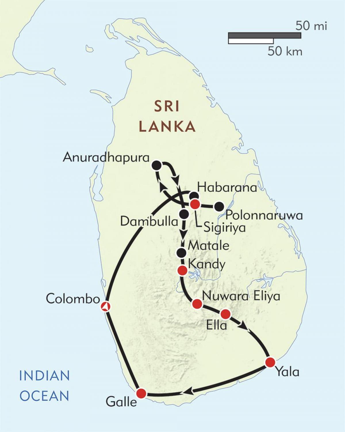kartta Sri Lankan matkojen