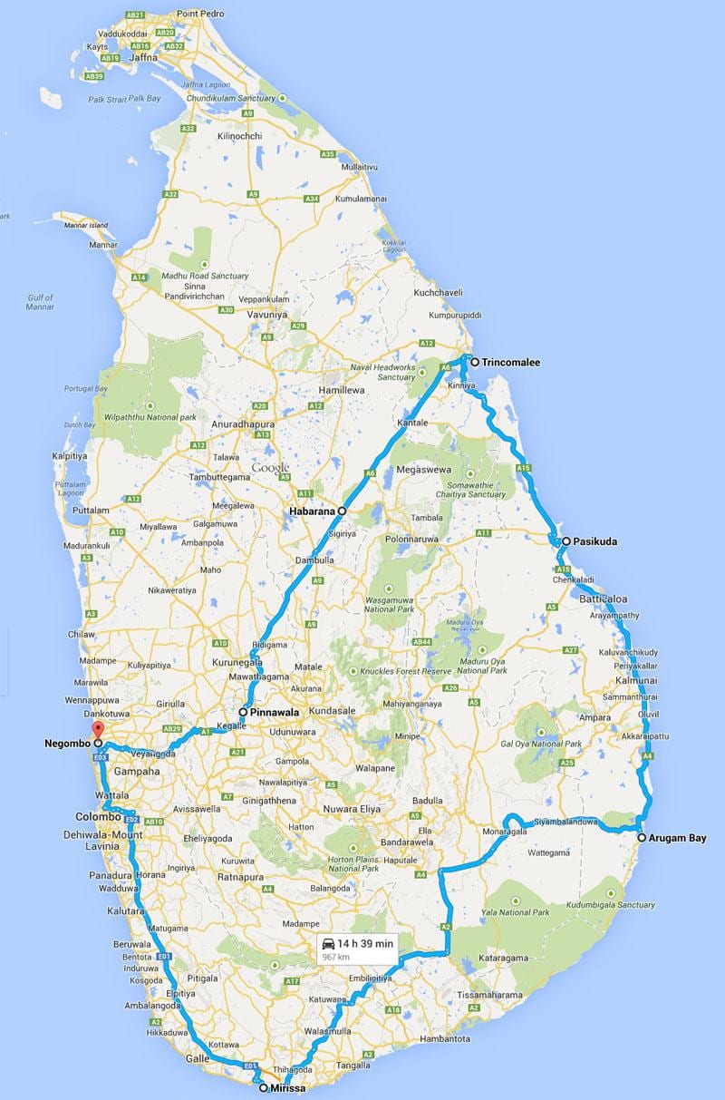 Sri Lankan parhaat rannat kartta