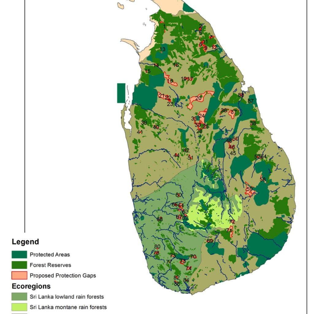 kartta Sri Lankan metsät
