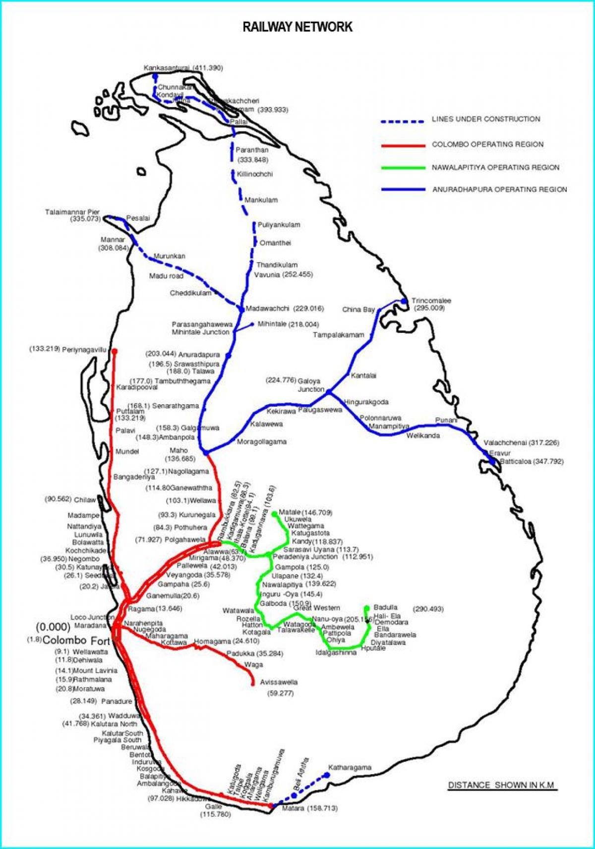 rautatie reittikartta Sri Lanka