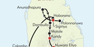 Kartta Sri Lankan matkojen